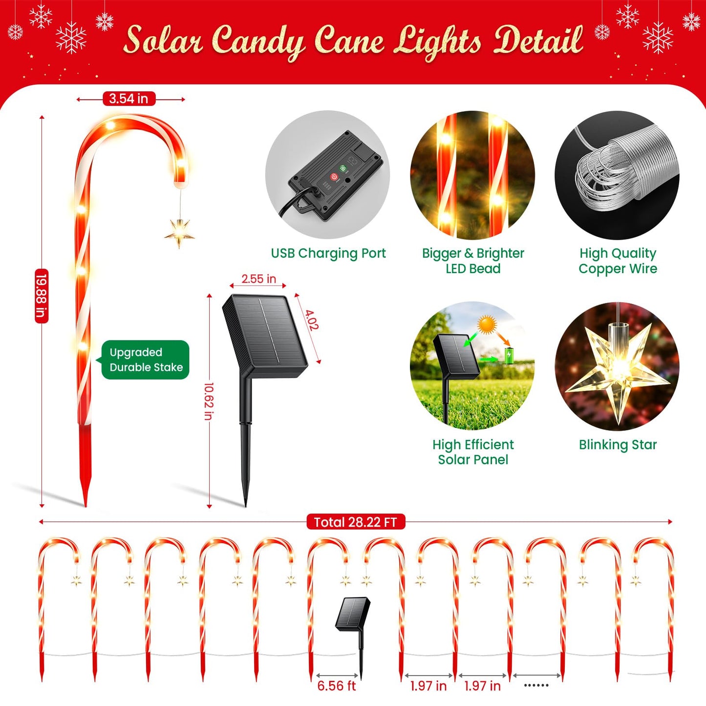 BUCASA 24 Pack Christmas Decorations Outdoor Solar Candy Cane Lights, 144 LEDs, 10 Modes, Waterproof, USB Rechargeable, Perfect for Yard, Garden, Pathway