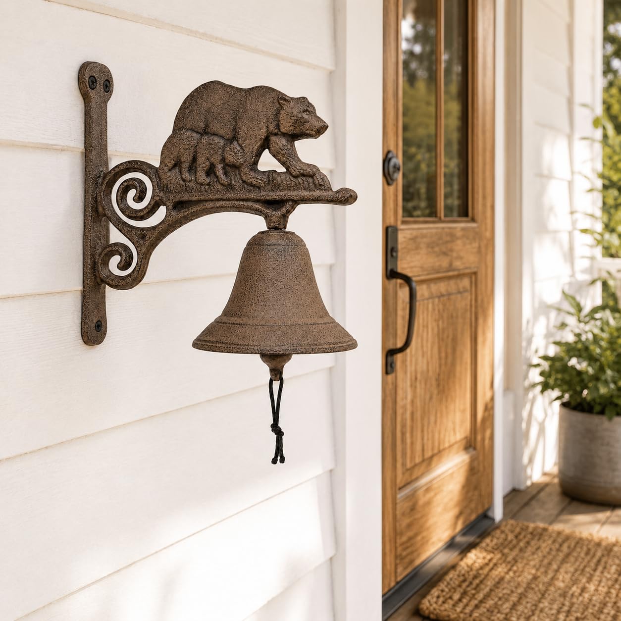 Comfy Hour 7.8" Heavy Duty Cast Iron Bear Dinner Bell, Loud Resonant Wall Mounted Outdoor Doorbell for Farmhouse, Garden & Cabin, Decorative Wildlife Metal Bell for Porch, Antique Black Finish
