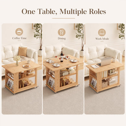 YQJJGL Expandable Coffee Table with Hidden Storage and Wheels, Convertible Wood Center Table with 2-Tier Adjustable Shelves, Rolling Coffee Table for Living Room, Small Spaces,Natural