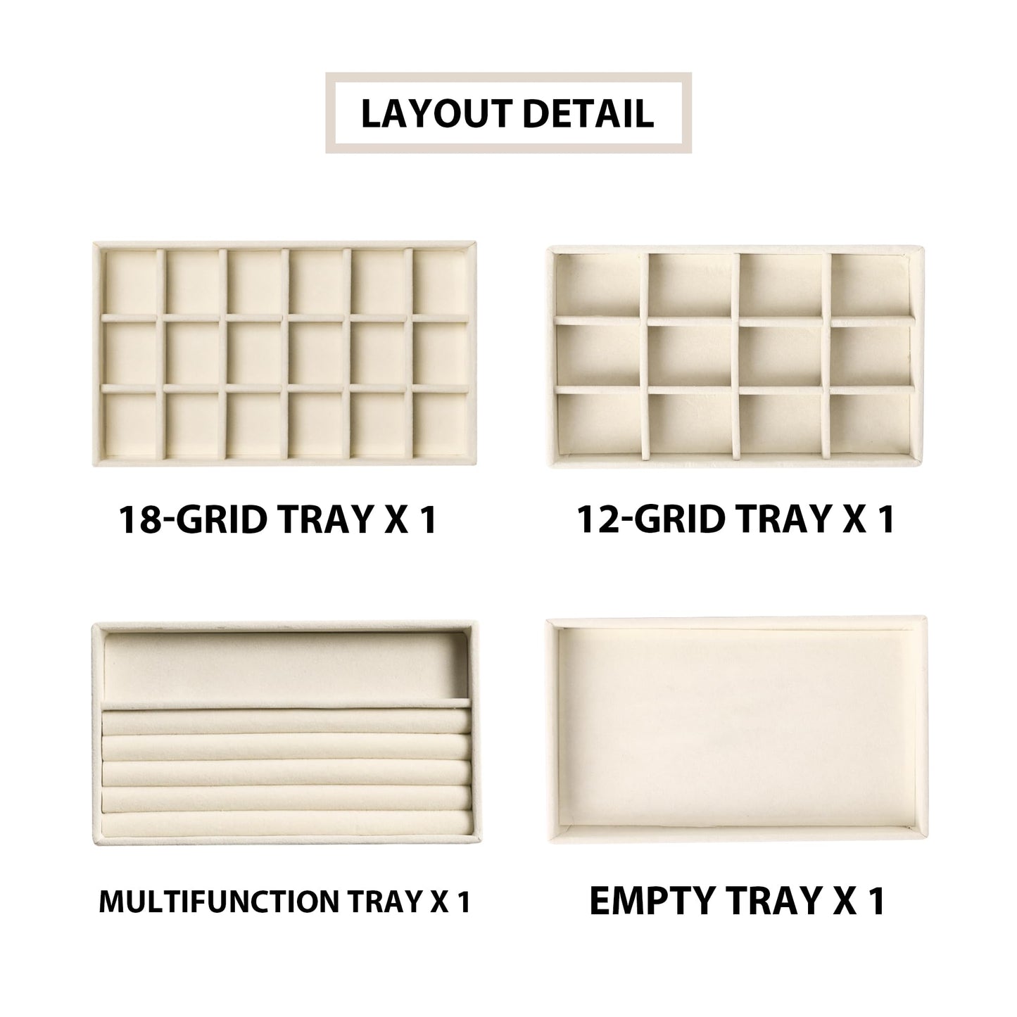 Frebeauty Jewellery Organiser Tray,Stackable Velvet Jewellery Trays,Drawer Inserts Earring Organiser For Women Girls Jewellery Storage Display Case for Rings Stud Necklaces,Set of 4(Beige)