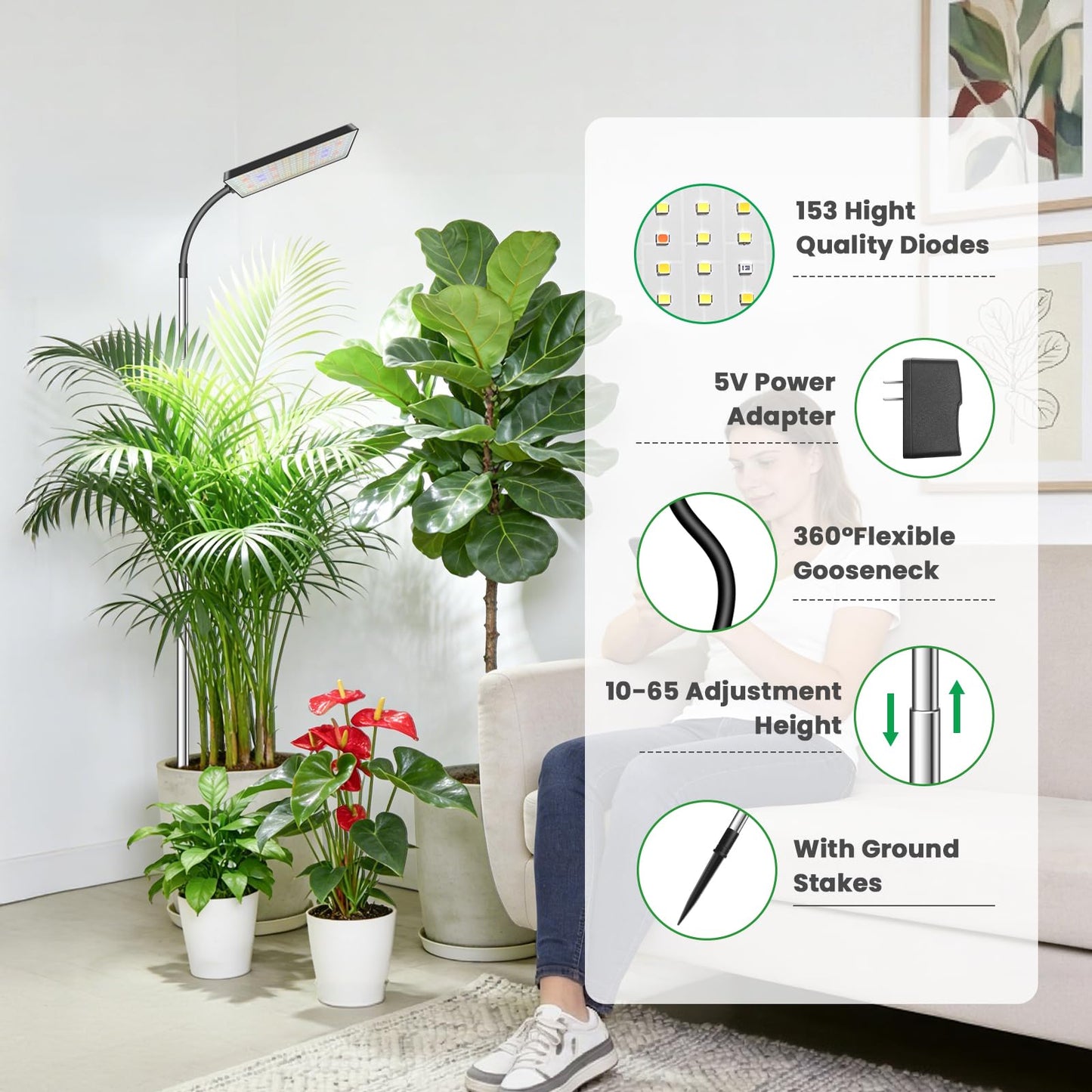 Eurbolan Grow Lights for Indoor Plants,153 LEDs Full Spectrum Plant Light, Plant Growing Lamp with 6/12/16 Timer, 5 Dimmable Levels,360° Gooseneck, 10''-65'' Adjustable Height for Small/Large Plant.