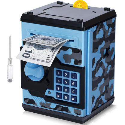 ATM Piggy Bank for Boys Girls, Vcertcpl Mini ATM Coin Bank Money Saving Box with Password, Kids Safe Money Jar for Adults with Auto Grab Bill Slot, Great Gift Toy Bank for Kids (Camouflage BlueGray)