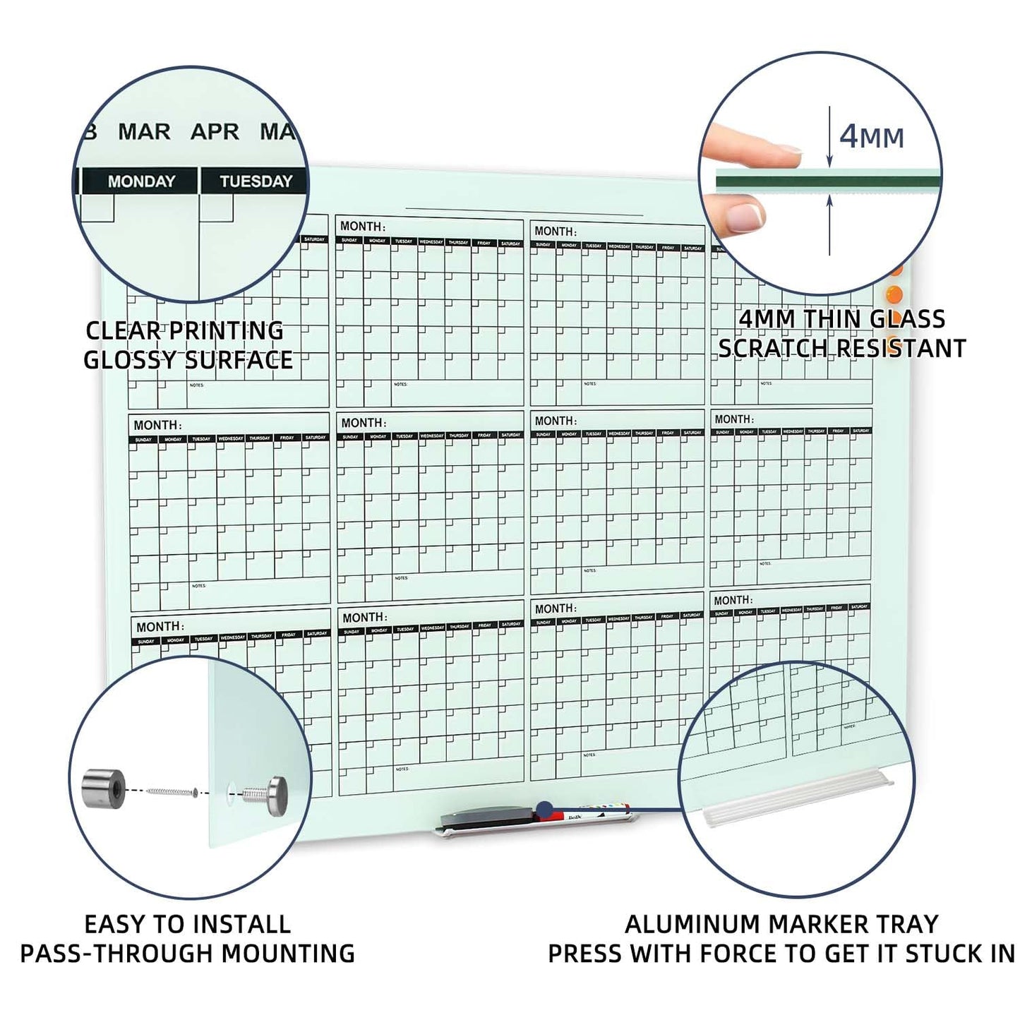 TSJ OFFICE Glass Calendar Whiteboard - 48 x 36 Inches Wall Mounted Yearly Calendar Dry Erase Board, Large Magnetic Glass White Board for Office, Home & School