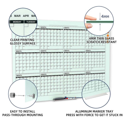 TSJ OFFICE Glass Calendar Whiteboard - 48 x 36 Inches Wall Mounted Yearly Calendar Dry Erase Board, Large Magnetic Glass White Board for Office, Home & School