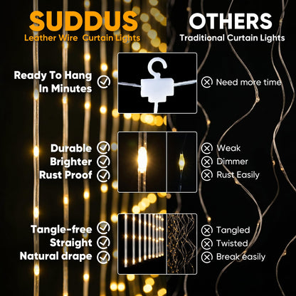 suddus Tangle-Free Curtain Lights,200 LED 6.5x6.5ft Hanging Lights with Hooks, Curtain Lights for Bedroom,Christmas, Dorm, Wall, Backdrop, Window, Wedding, Party, Birthday Decor, Warm White