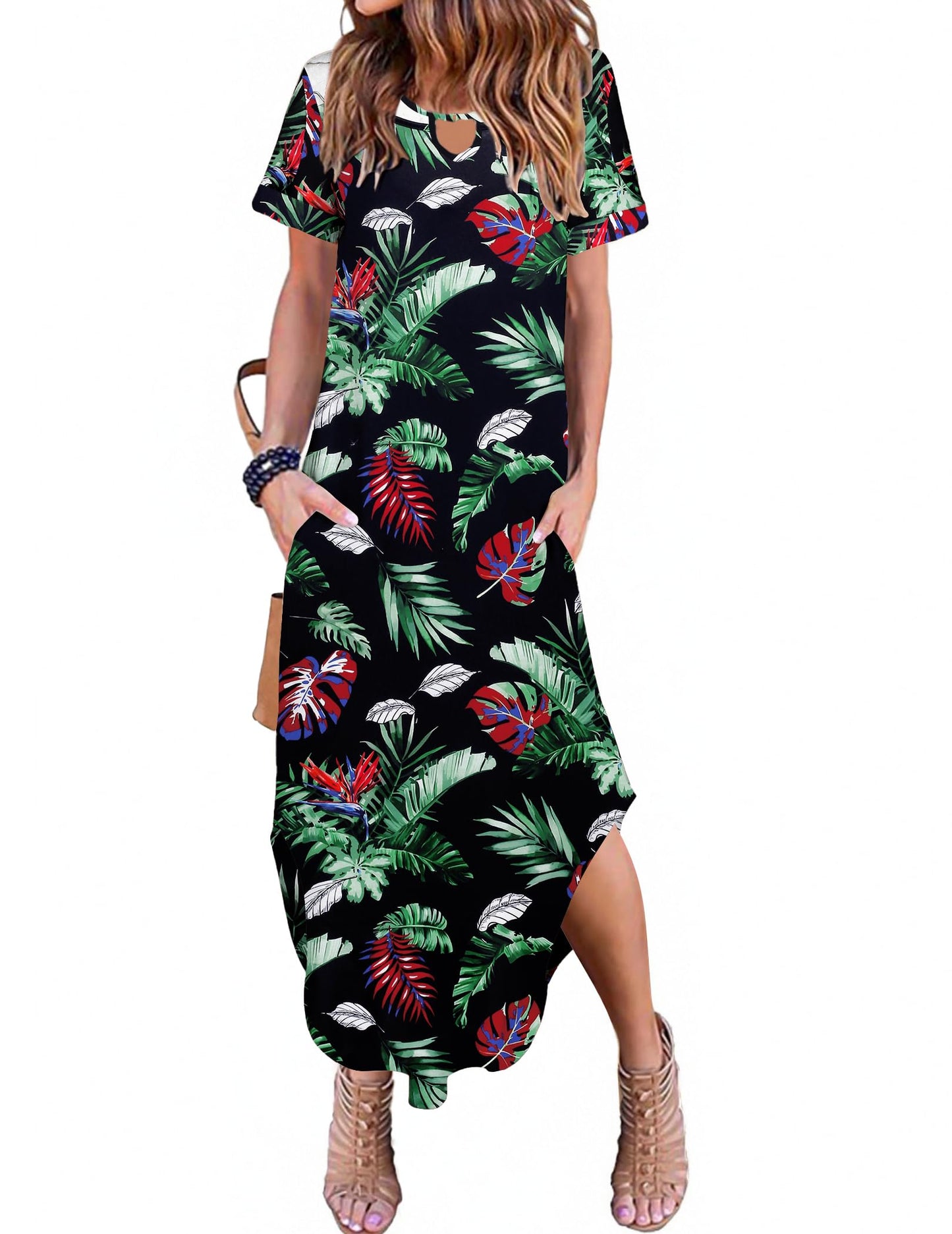 Zeagoo Womens Maxi Summer Dress with Pockets Casual Short Sleeve Sundress Trendy 2025 Curve Hem Long Dresss