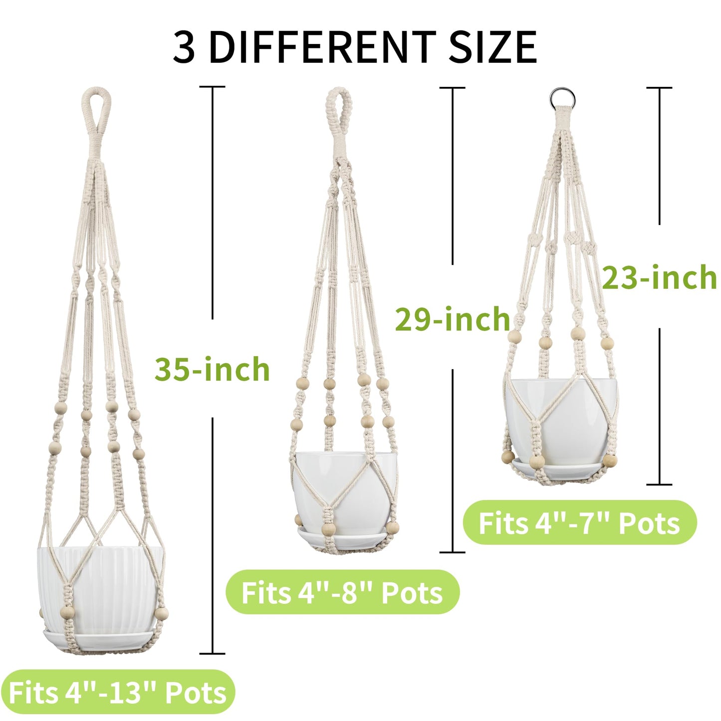 IDEEEPAN Macrame Plant Hanger - Fits 4 to 13 inches Pots for Indoor Outdoor, 35"/29"/23" Different Sizes Set, Ivory (POTS NOT Included)