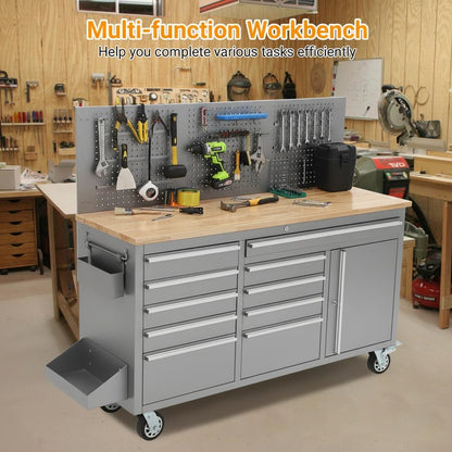 61-Inch Heavy Duty Rolling Tool Chest with 10 Drawers and Solid Rubber Wood Top Mobile Workstation, 1675 LBS Load, Includes Power Strip, Locking System, Drawer Liners for Garage Warehouse Repair Shop