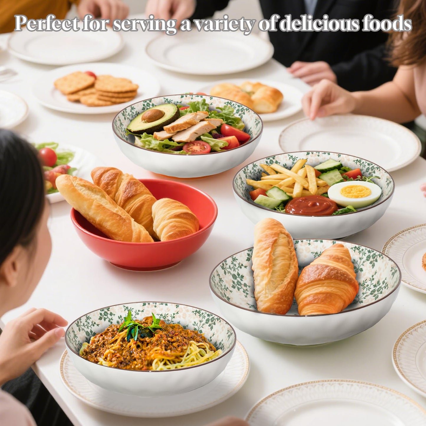 Ronanemon Large Serving Bowls, 78 Oz Extra Large Salad Bowl, Green Floral Pattern Design Decorative Bowls for Salad, Fruit, Pasta and Dinner, Serving Dishes for Party, Dishwasher & Microwave Safe