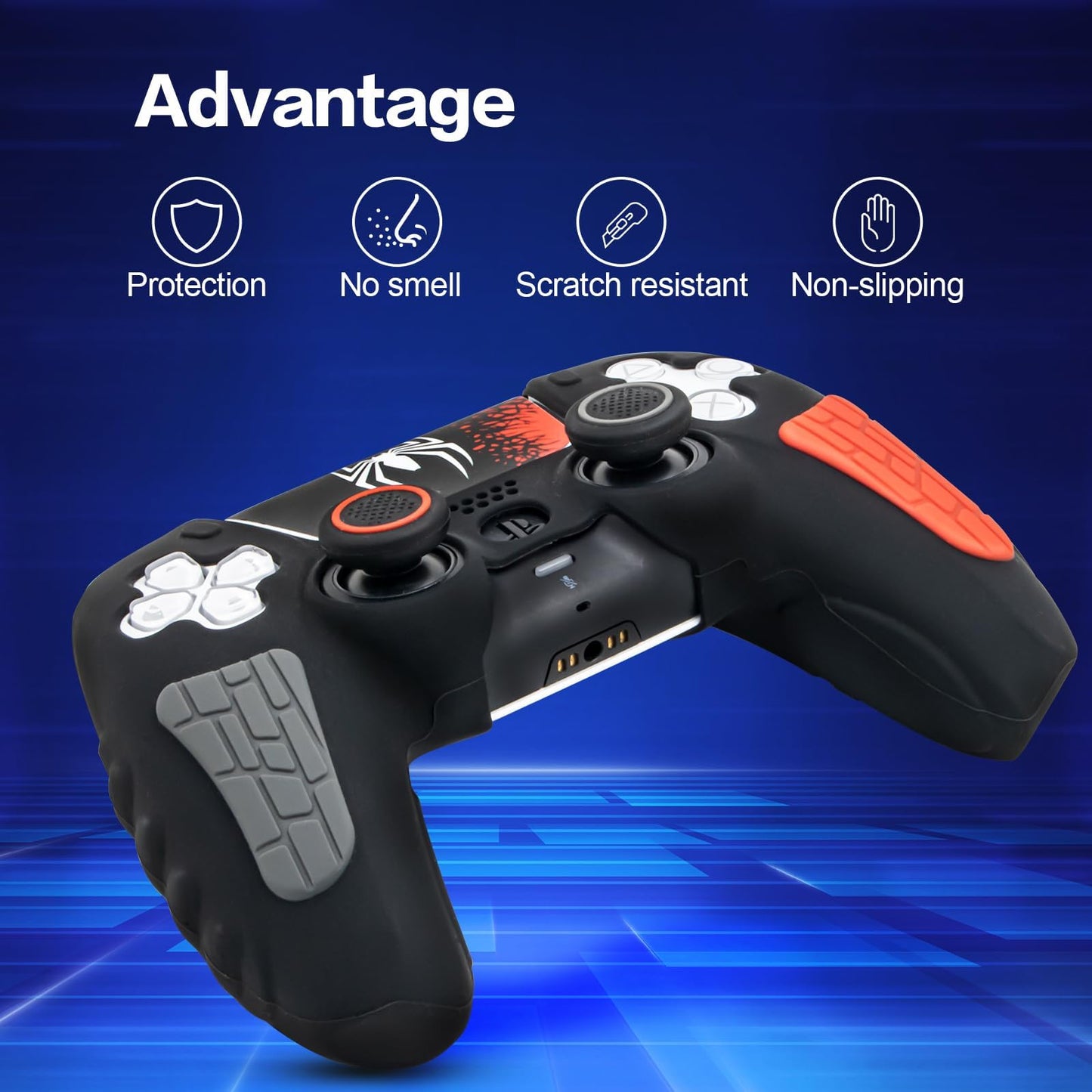 ECHZOVE PS5 Controller Cover Case - Anti-Slip Silicone Skin for PS5 DualSense Controller with Thumb Grip Caps, Joystick Protectors, Spider-Man Theme Sticker - Black