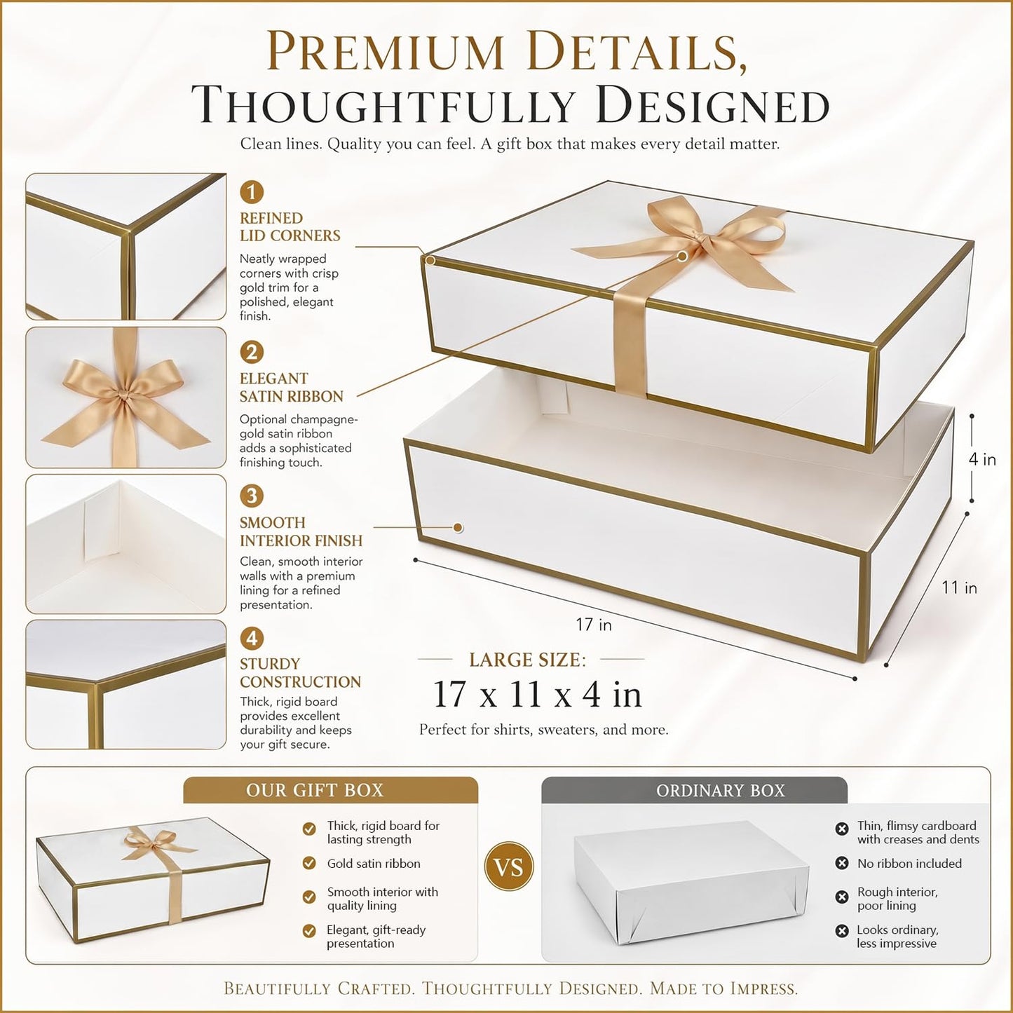 Joyvera 12 Pack Large Shirt Boxes with Lids, 17 x 11 x 4 Inch White Gift Boxes with Gold Ribbon for Clothing, Sweaters, Robes, Bridesmaid, Wedding, Birthday, Christmas