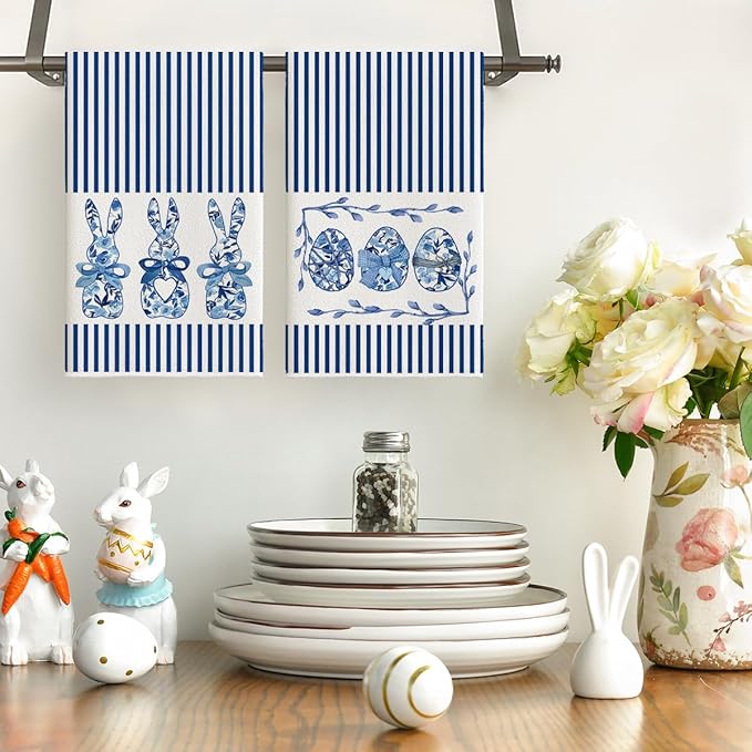 Artoid Mode Blue Stripe Rabbit Bunny Eggs Easter Kitchen Towels Dish Towels