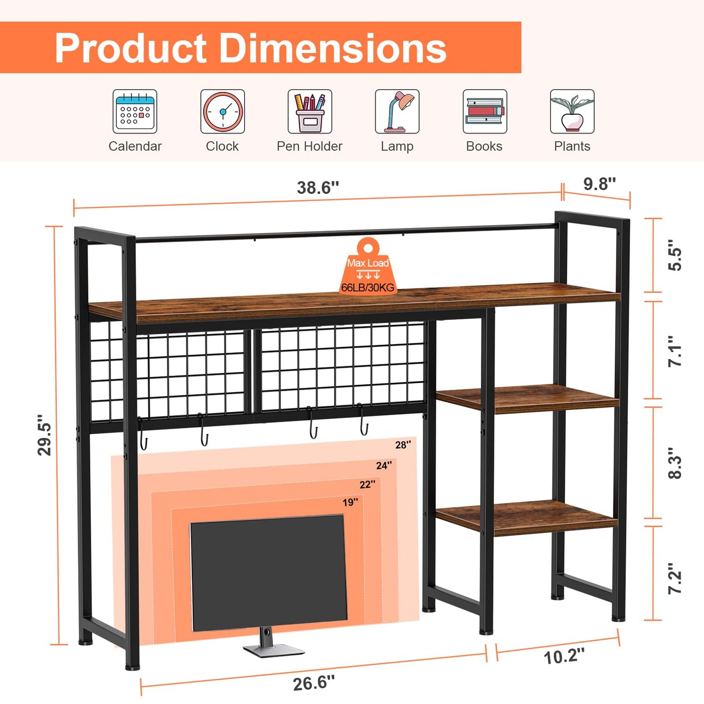 Snughome Desk Shelf, 38.6" Desktop Organizer Shelf, Desk Hutch for Computer Monitor, 4 Tier Desktop Display Rack with Pegboard Hooks Set, Wood Desktop Bookshelf for Home Office Dorm
