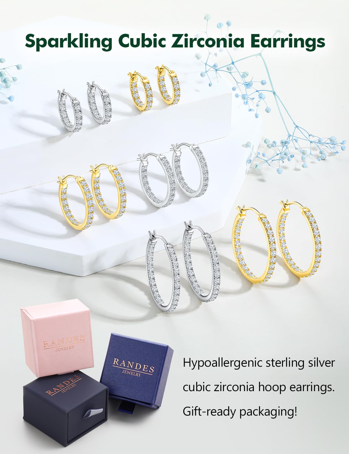 RANDES Sterling Silver Hoop Earrings for Women Cubic Zirconia Hoops 26mm Medium Hoop Earrings CZ Wedding Earring Trendy Jewelry