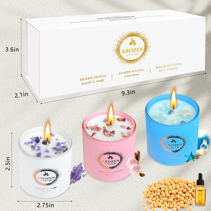 AROZEN 3 Pack Scented Candles Gift Set for Women – Lavender, Ocean, Rose Soy Candles with Crystals & Seashells, 70-Hour Total Burn Time, Aromatherapy Candle Set for Home Decor, Mother’s Day Birthday