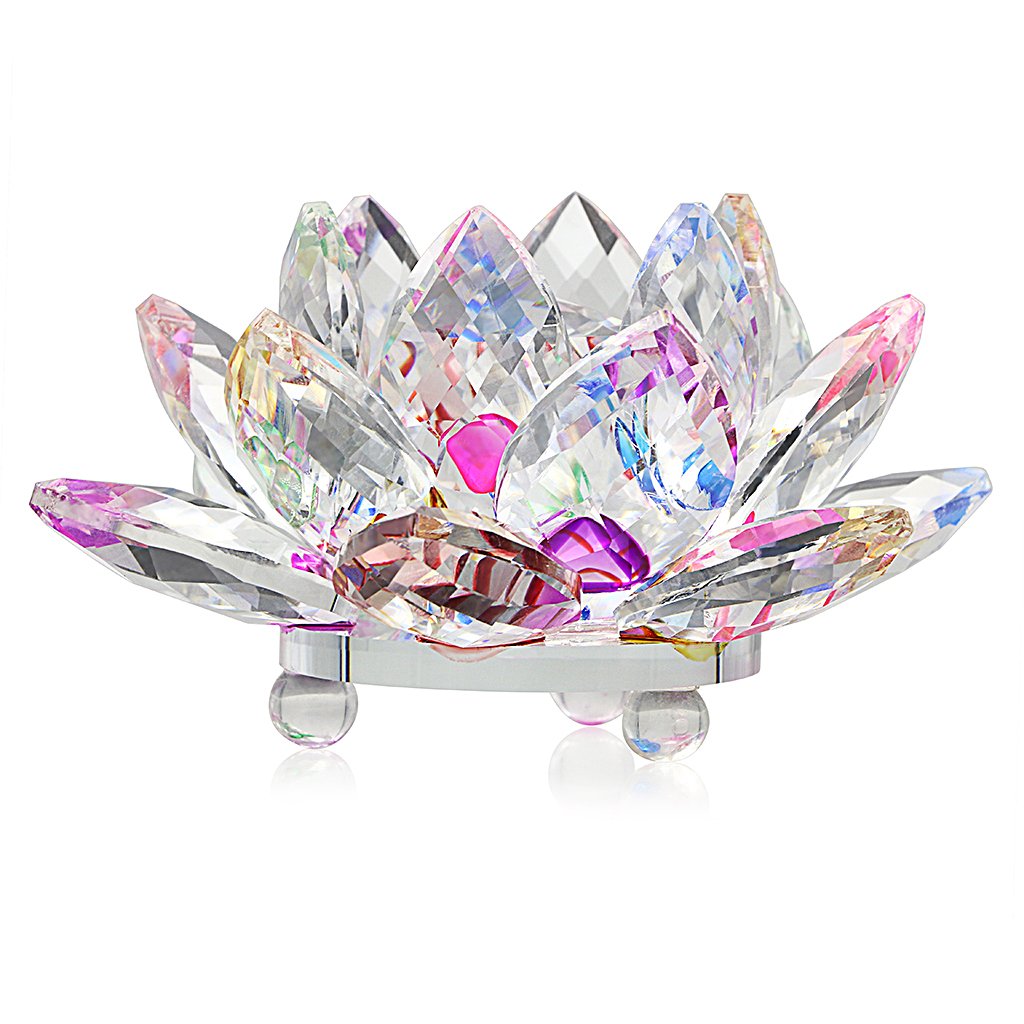 OwnMy Sparkle Crystal Lotus Flower Hue Reflection Feng Shui Home Decor with Gift Box (4 Inch/ 100MM Rainbow)