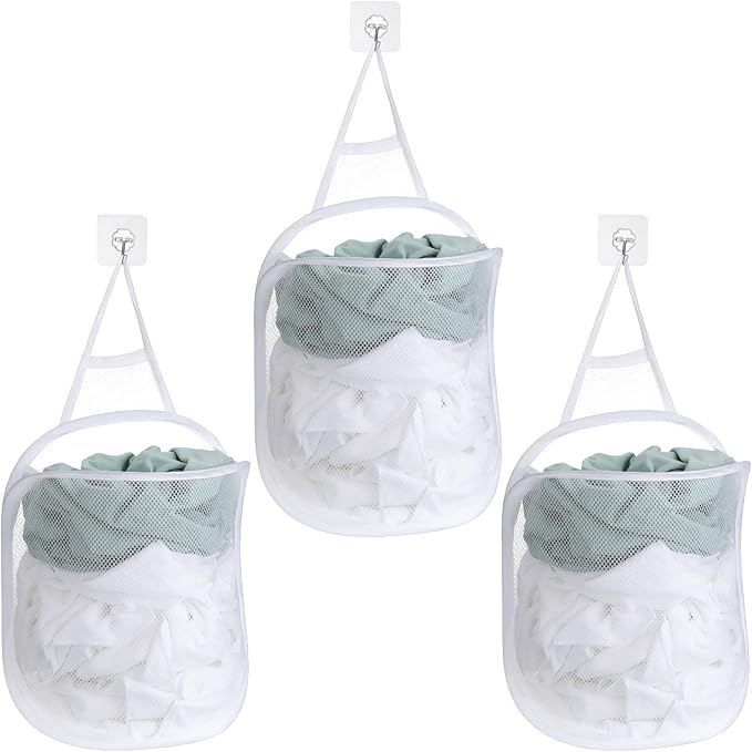 3 Pieces Hanging Laundry Hamper Laundry Bag to Hang Foldable Mesh Hamper Dirty