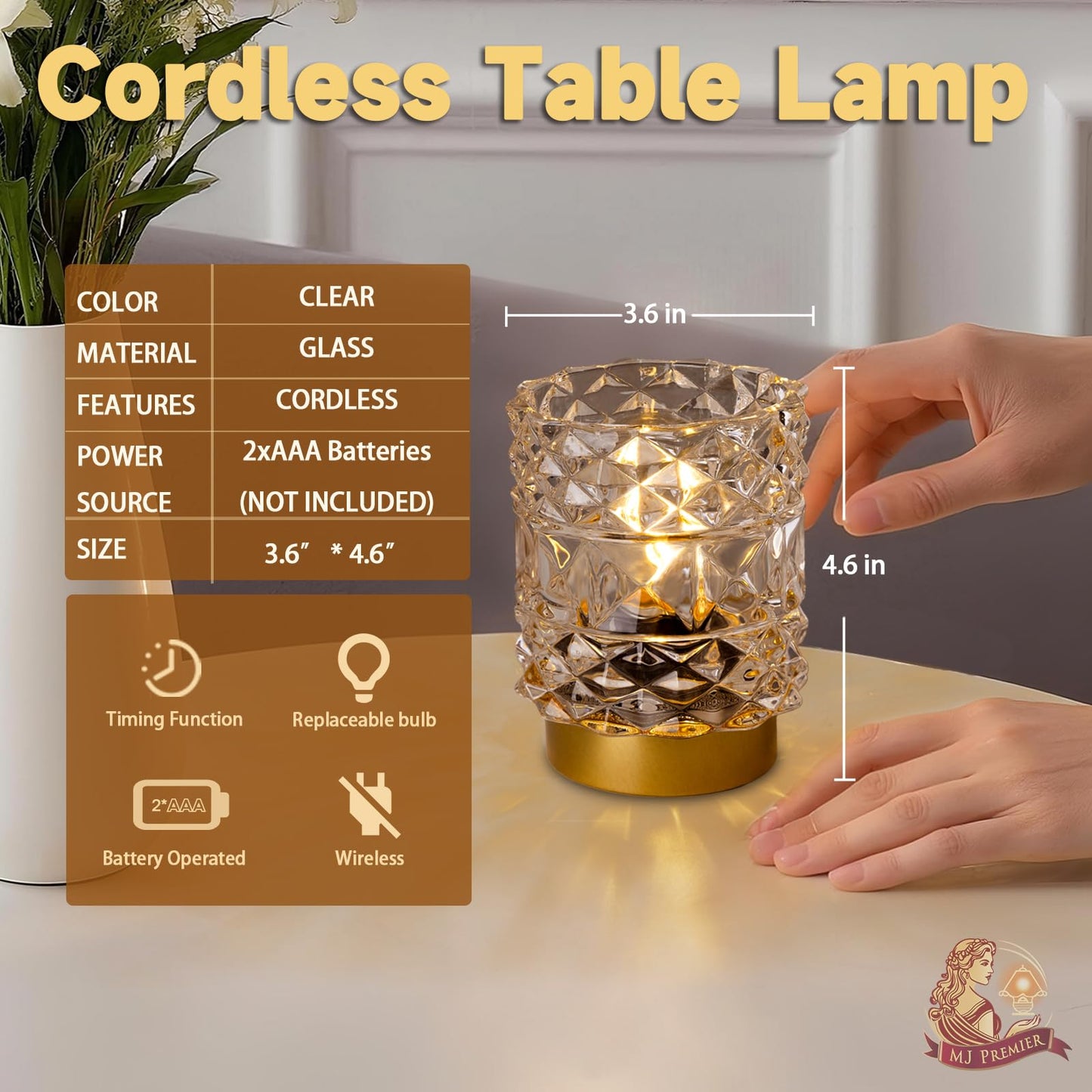 MJ PREMIER Battery Operated Lamp with Timer, Cordless Table Lamps for Shelf Decor, Rhombus Texture Aesthetic Crystal Lamp, Small Decorative Lamps for Bedroom/Bathroom/Kitchen/Entryway/Dorm (Clear)