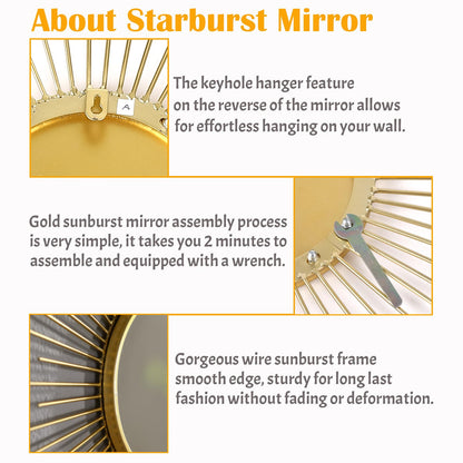 24'' Large Gold Sunburst Mirror, Metal Starburst Mirrors, Mid-Century Modern Sun Mirror Wall Decor for Living Room, Bedroom, Bathroom, Hallway, and Entryway