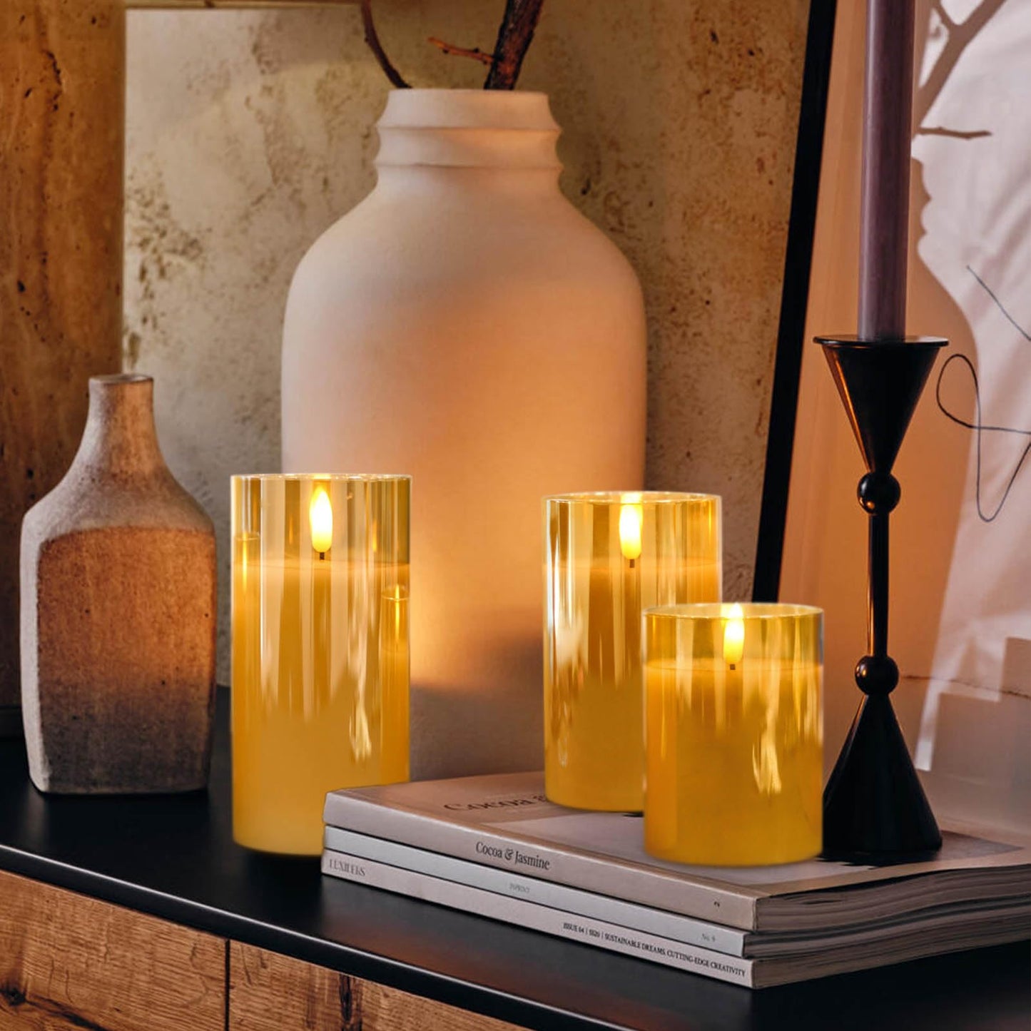 KunSwenn Rechargeable Candles with Remote, Rechargeable Flameless Candles with Timer, LED Battery Operated Candle with 3D Wick and Charging Cable for Halloween Christmas Decor(Gold)
