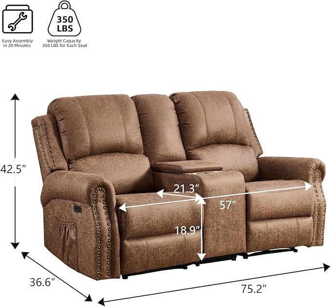 EBELLO Power Reclining Loveseat, Faux Leather Double Recliner Sofa