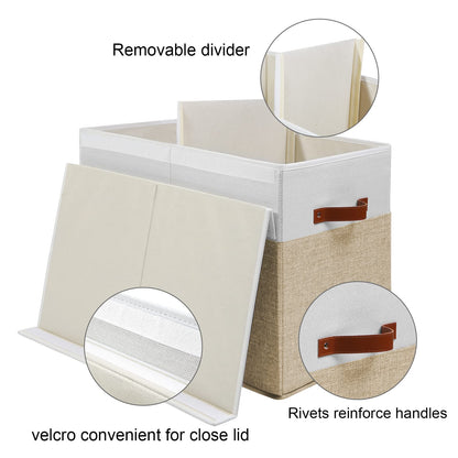 Gowee Large Toy Storage Box with Lid, Sturdy Toys Storage Chest Bin Organizer Basket with Dividers for Kids, Boys, Girls, Nursery, Closet, Bedroom, Playroom 25"x13" x16" (Beige and White)