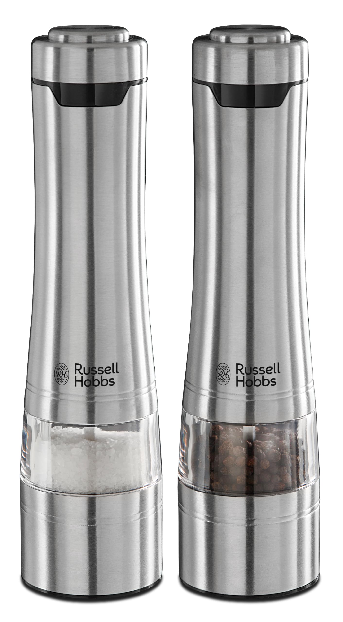 Russell Hobbs Stainless Steel Electric Salt & Pepper Mill Set with Adjustable Ceramic Grinder Heads for fine or coarse Grinding, Battery Operated, Light up During use, One Handed Operation, 23460-56