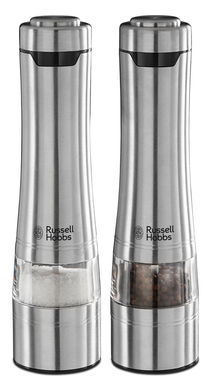 Russell Hobbs Stainless Steel Electric Salt & Pepper Mill Set with Adjustable Ceramic Grinder Heads for fine or coarse Grinding, Battery Operated, Light up During use, One Handed Operation, 23460-56