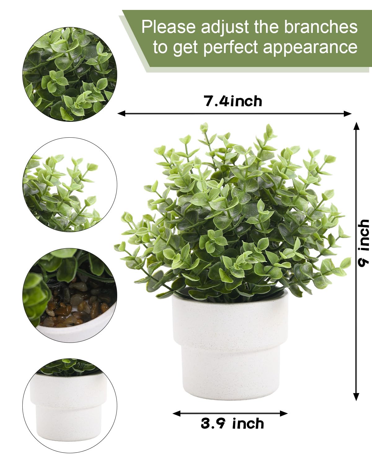 Coferset Small Fake Plants 7.45” Eucalyptus Potted Artificial Eucalyptus Plant for Bedroom Kitchen House Living Room Shelves Farmhouse Table Office Desk Bathroom Home Indoor Decor (Green)
