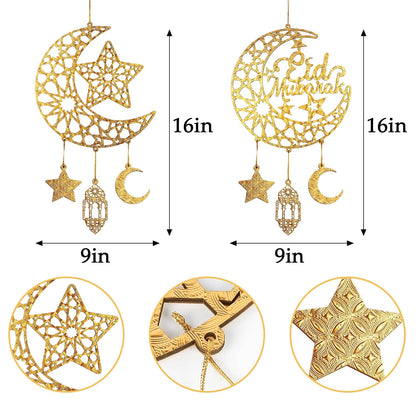 iLifemate Eid Decorations for Home, Eid Mubarak Moon & Star Wooden Hanging Ornaments – Gold Islamic Crescent Moon for Eid al-Fitr Sign, Muslim Home Decor, Eid Gifts, Ramadan Party Wall Door Wreath
