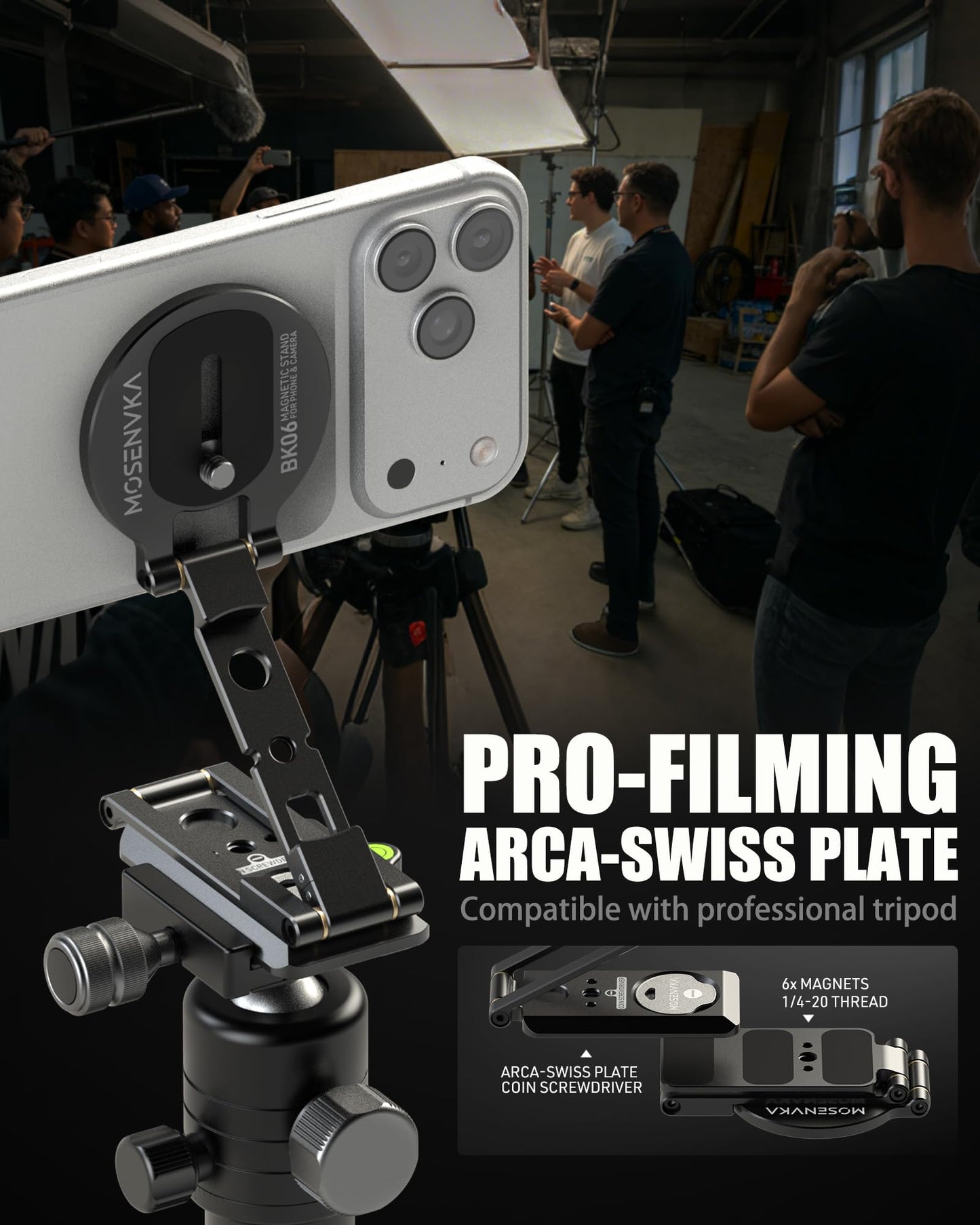 MOSENVKA 2-in-1 Magnetic Phone Mount & Action Camera Stand, N52 Magnet for Gym | Foldable Desk Holder Arca-Swiss & 1/4" Screw, for MagSafe iPhone, DJI Osmo Pocket 4/3, for GoPro 13/12 |Design Patented
