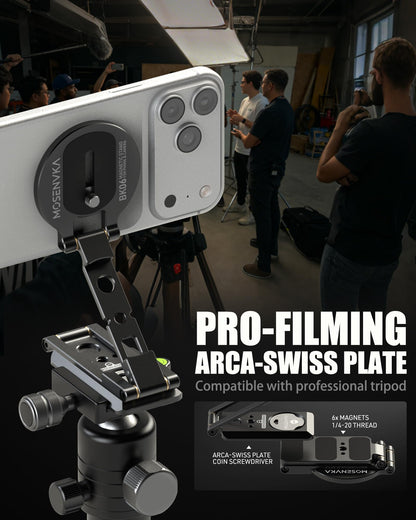MOSENVKA 2-in-1 Magnetic Phone Mount & Action Camera Stand, N52 Magnet for Gym | Foldable Desk Holder Arca-Swiss & 1/4" Screw, for MagSafe iPhone, DJI Osmo Pocket 4/3, for GoPro 13/12 |Design Patented