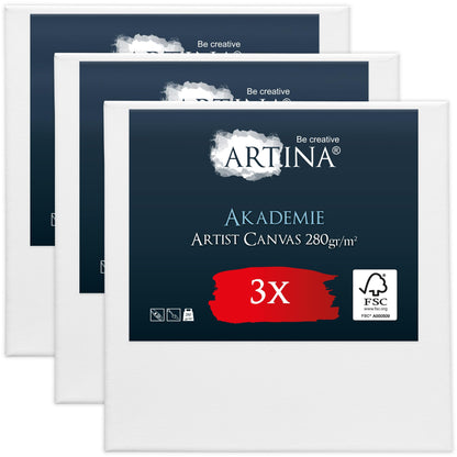 Artina FSC® Canvas for Painting 50x50 cm - 3pcs Blank Canvases for Art for Acrylic, Watercolour & Oil Painting - 100% Cotton Canvas Stretcher Frame 280 g/m² - Akademie