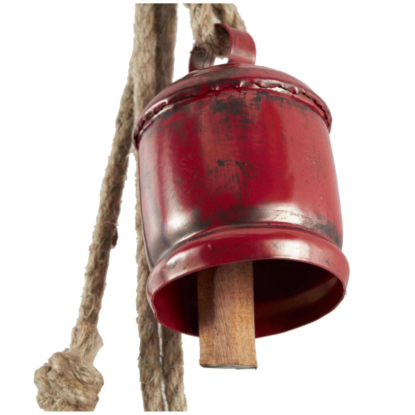 Deco 79 Metal Indoor Outdoor Decorative Cow Bells Tibetan Inspired Cascading Meditation Bell with 4 Bells on Jute Hanging Rope, Cow Bell 3" x 3" x 27", Red
