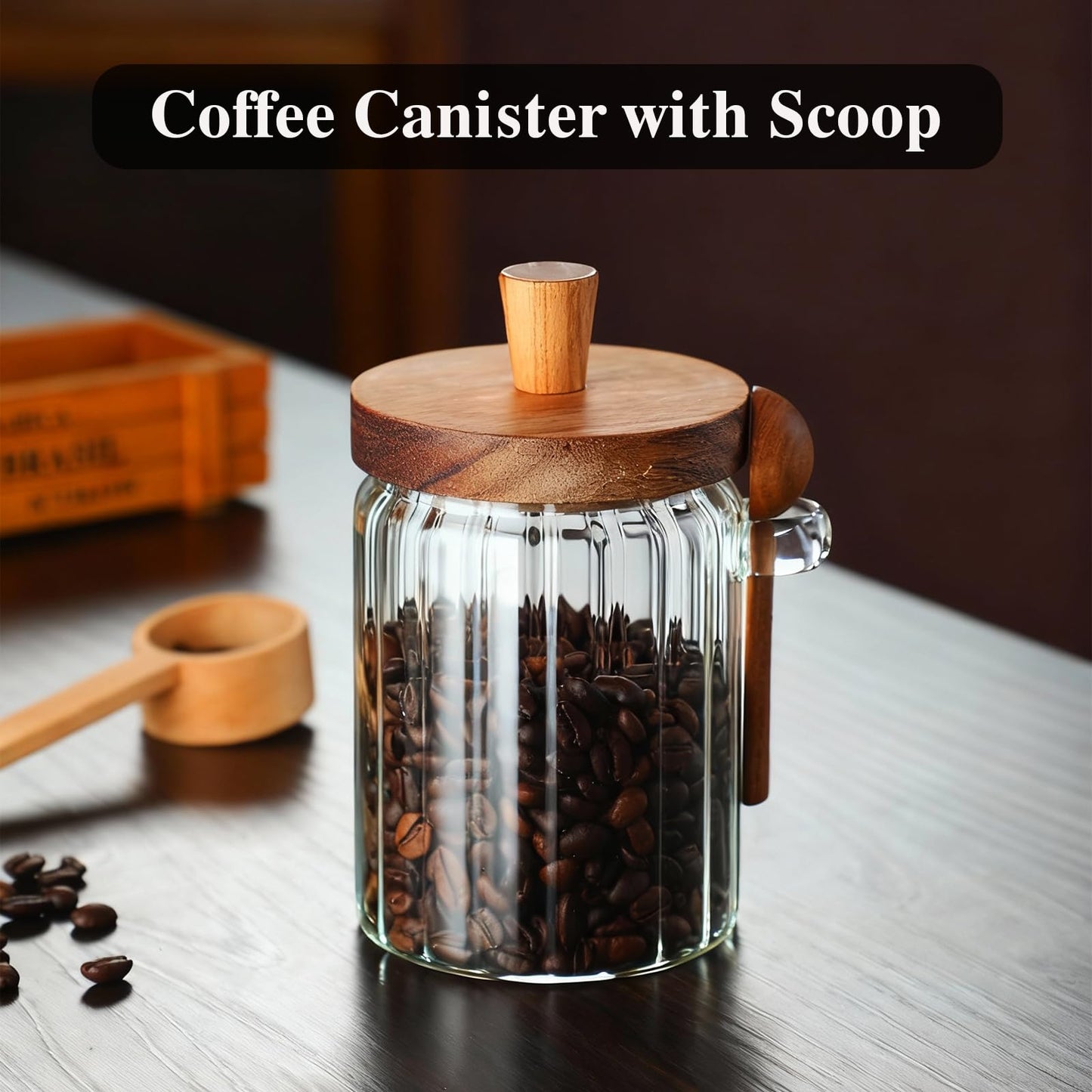 TIWPAJS Coffee Canister, Coffee Container with Wooden Spoon and Lid, Ribbed Design, Airtight Storage Jar for Coffee Beans/Coffee Grounds/Sugar/Salt/Loose Leaf Tea, 20 Oz