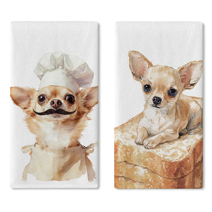 Croar Funny Chef Chihuahua Dog Kitchen Dish Towels Set of 2, Bread Bakery Restaurant Dinner Room Drying Hand Towel Baking Cooking Cloth, Pet Dog Owner Lover Gifts Home Decoration 18'' x 26''