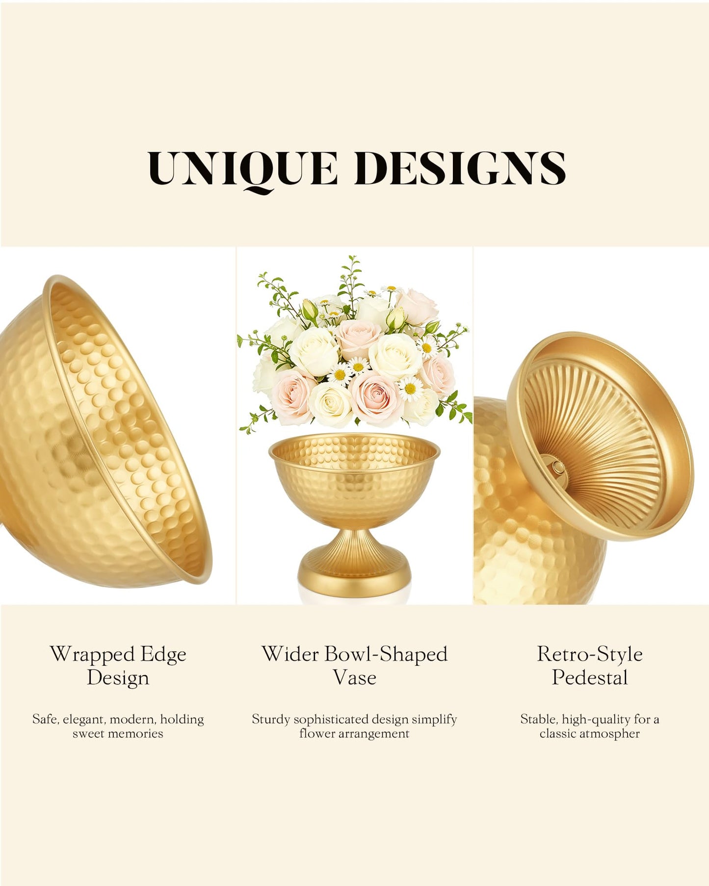 AURABEE Gold Compote Vase Set of 4, Pedestal Gold Vases for Centerpieces Metal Urn Flower Pot Vase Pack, Electroplated Rust-Proof Compote Pedestal Vases for Wedding Centerpieces- 5.9 Inches