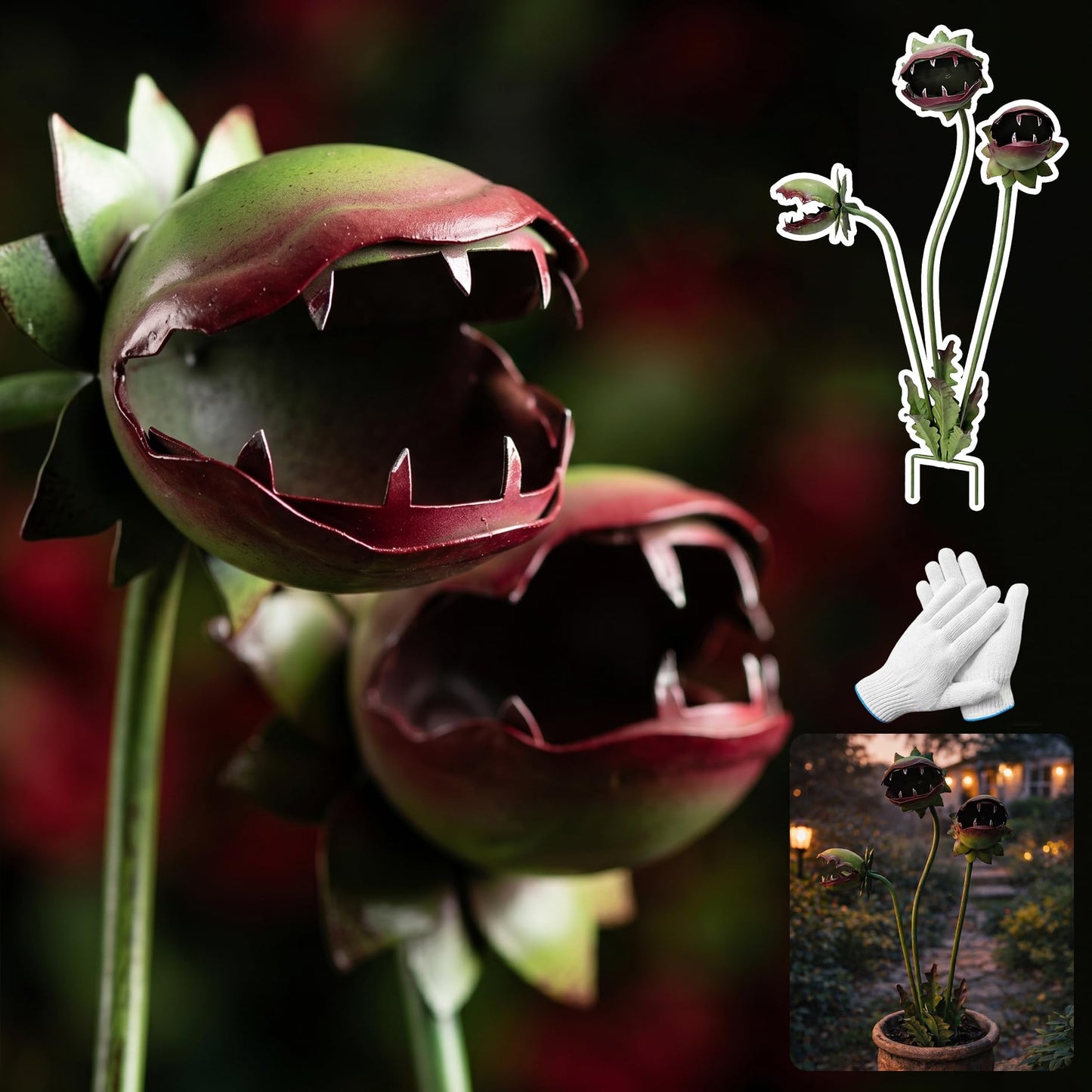 LISINUO Funny Metal Carnivorous Plant Garden Stake, 25" Large Venus Flytrap Sculpture, Whimsical Outdoor Yard Art for Lawn Patio Planters, Unique Weather-Resistant Garden Decor Gift (64cm（25in）)