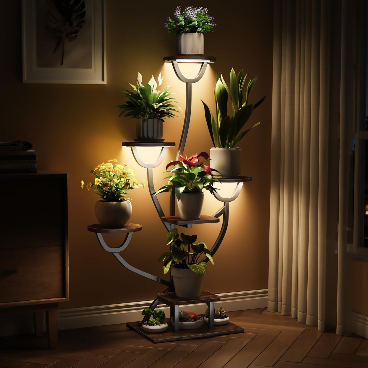 Plant Stand Indoor with Grow Lights - 44.2" Tall Plant Shelf, Lighted Corner Plant Stands for Indoor Growing, 7 Tiered Metal & Wood Plant Holder Display Shelves for Living Room, Patent Design - C4