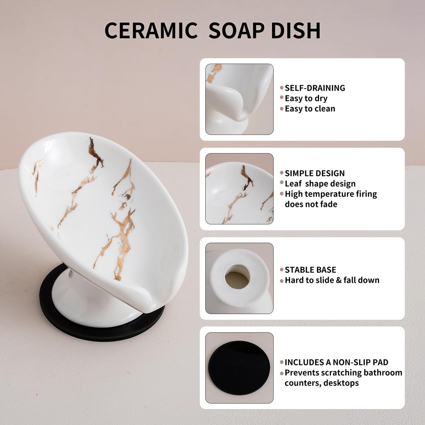 Agyiuns Soap Dish, Soap Holder Self Draining Leaf Shape Soap Dishes，White and Gold Marble Pattern Ceramic Draining Soap Tray for Shower, Bathroom Sink, Kitchen (Small Size-Marble White, 1)