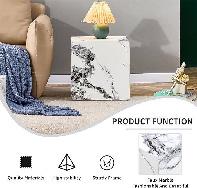 Side Table, End Table with White Marble Grain, Modern Beside Sofa Couch Tables