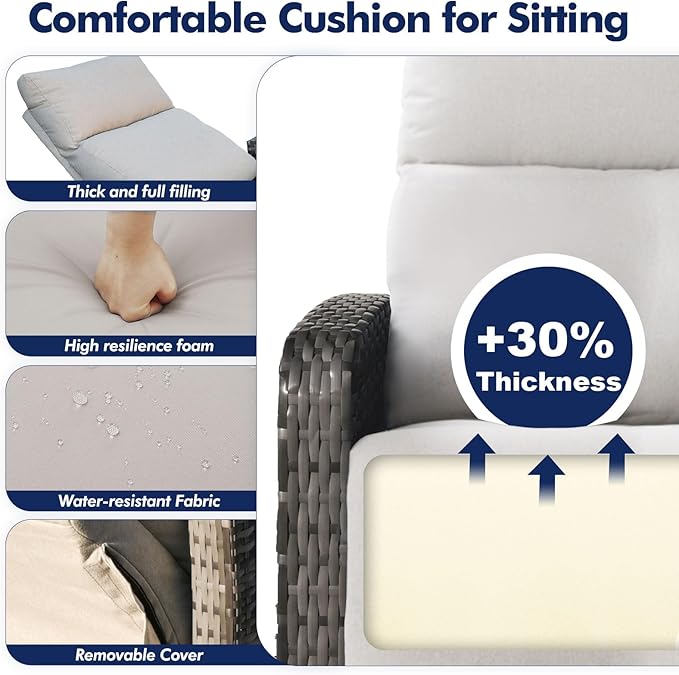 Outdoor Recliner Chair, Wicker Patio Recliners with Adjustable Backrest and Extended Foot Rest, Reclining Patio Chairs with Flip Table & Removable Cushion Cover for Porch