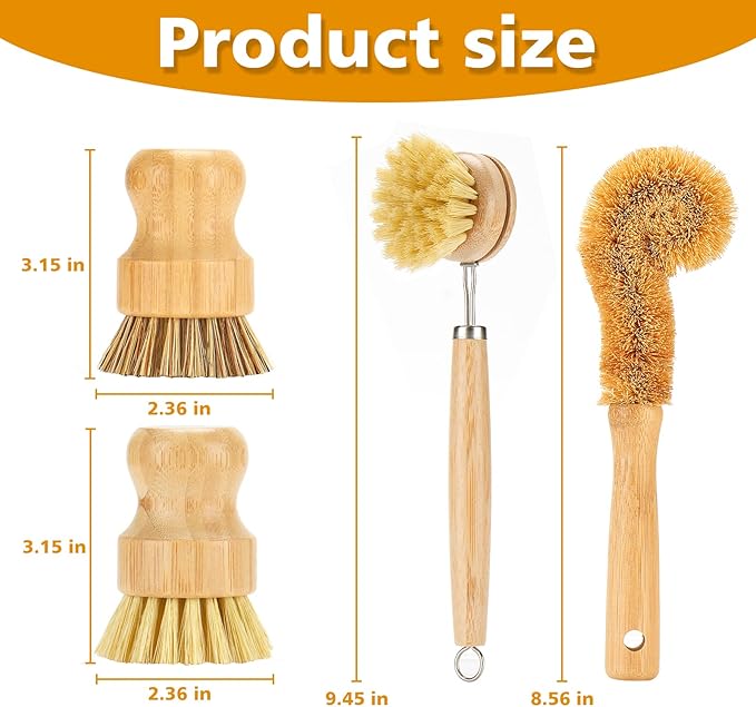 Bamboo Dish Brushes Sets 4 Tools in One Kitchen Clean Dish Scrubber