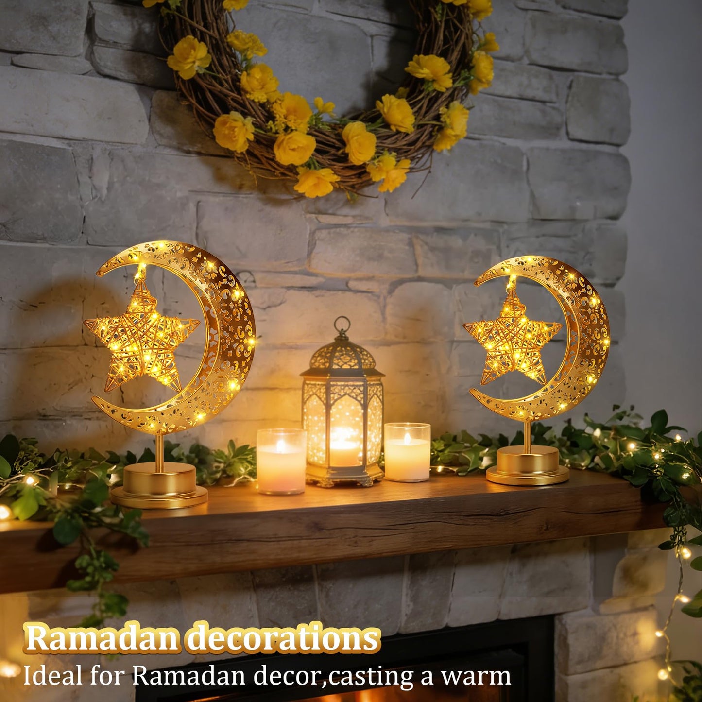 Half Moon Light Metal Ramadan Star Decorative Lamp - Battery Operated, Eid Decorations, Moon Night Light for Kids