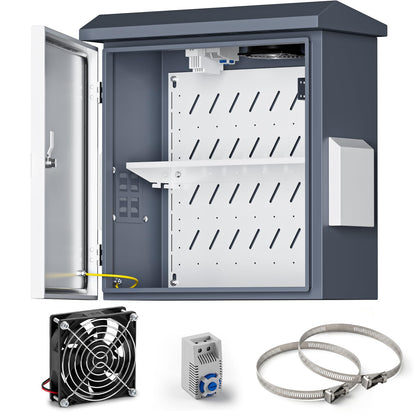 Outdoor Electrical Box with Thermostat and Fan, Heavy Duty Lockable Weatherproof Junction Enclosure for Network, Security Camera and Solar Equipment, Vented IP65 Cabinet with Wall and Pole Mount
