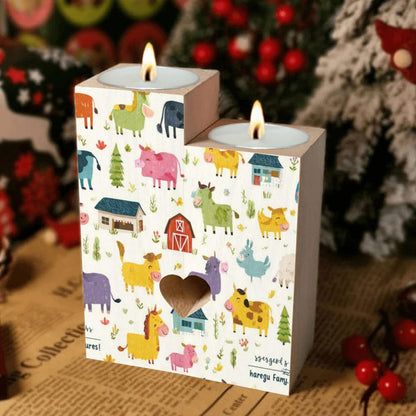 pnyoin Cartoon Farm Animals Candle Holders Gift for Women Wooden Heart Candlestick Personalized Christmas Birthday Graduation Friendship Gifts Home Wedding Dinning Party Decorative