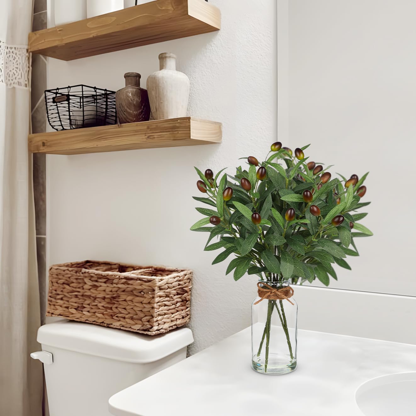 Hollyone Artificial Olive Branch in Glass Vase with Faux Water 15.7" Fake Plants Olive Leaves Stems for Indoor Shelf Desk Home Bathroom Wedding Table Centerpiece Decor