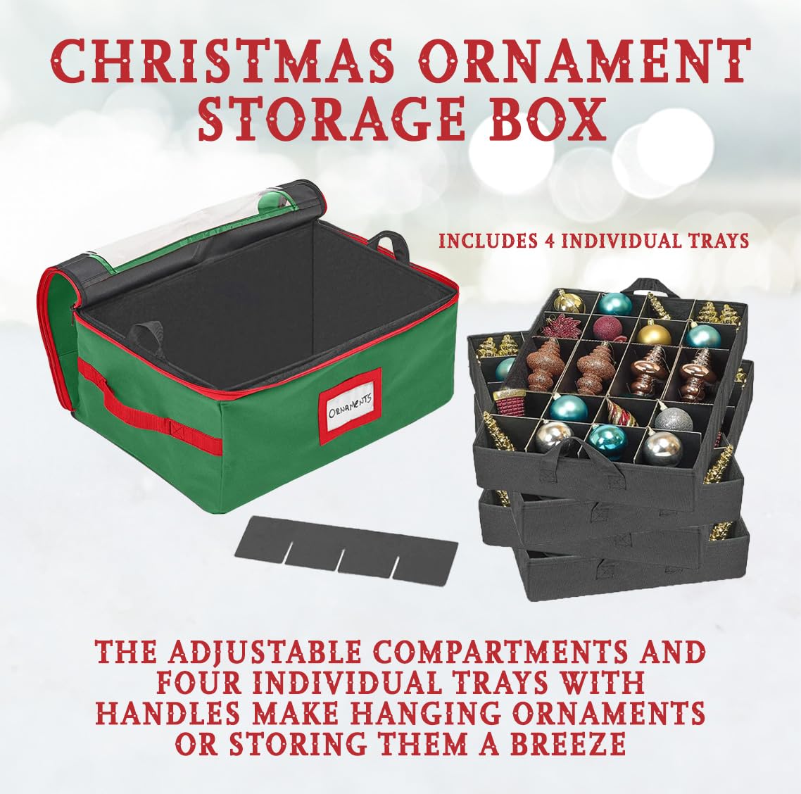 HOLDN’ STORAGE Christmas Ornament Storage Box with Dividers - Fits 96-3” Ornaments, 4 Removable Trays, Durable & Space-Saving, Clear Top Lid, Convenient Storage Designed, Green