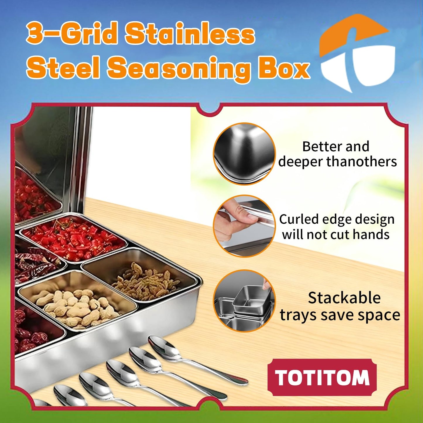 TOTITOM Seasoning Condiment Container, 3 Compartment 304 Stainless Steel Seasoning Organizer Box with Lids Spoons, for Snacks Flour Dry Goods Fruits Ingredient Kitchen Restaurant Pantry