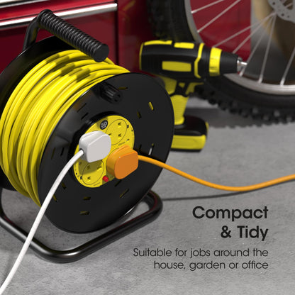 SLx Outdoor Extension Lead, 50m, 4 Socket Extension Reel, Heavy Duty Extension Cable, Thermal Cut Out, Extension Lead for Garden lawn mower Office, 13A Fused UK Plug